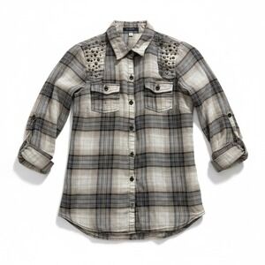 Fang Plaid Studded‎ Shoulder Flannel Shirt Womens Size S Roll Tab Sleeves